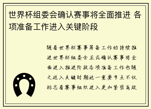 世界杯组委会确认赛事将全面推进 各项准备工作进入关键阶段