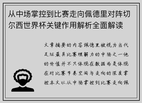 从中场掌控到比赛走向佩德里对阵切尔西世界杯关键作用解析全面解读